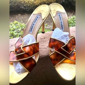 Manolo Blahnik Heels Sandals gold leather and Tortoise Shell size 38.5 sexy